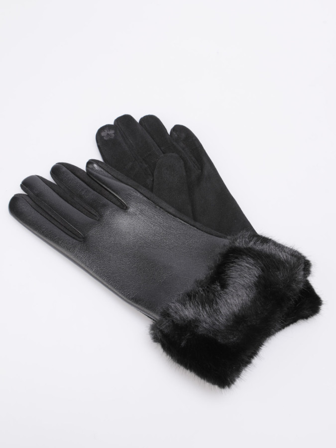 Gants noirs bi-matières avec revers fausse fourrure