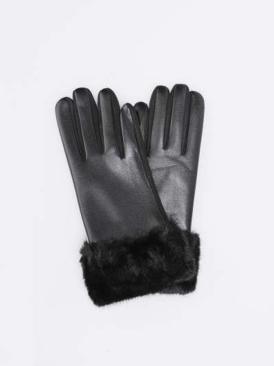 Gants noirs bi-matières avec revers fausse fourrure