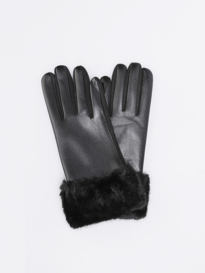 Gants noirs bi-matières avec revers fausse fourrure