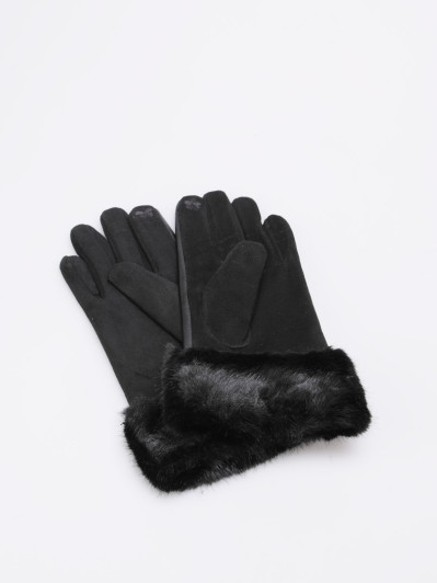 Gants noirs bi-matières avec revers fausse fourrure