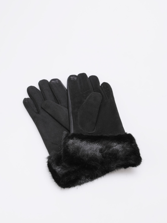 Gants noirs bi-matières avec revers fausse fourrure