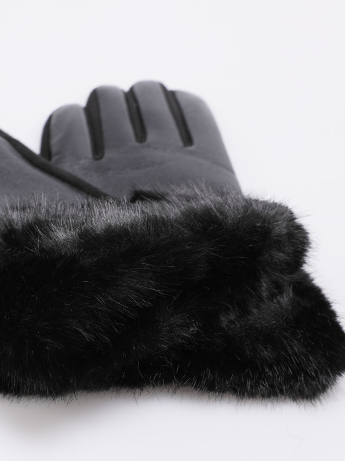 Gants noirs bi-matières avec revers fausse fourrure