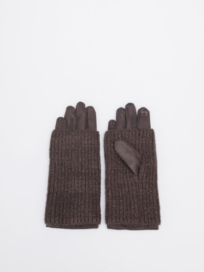 Ensemble gants et mitaines bi-matières marron