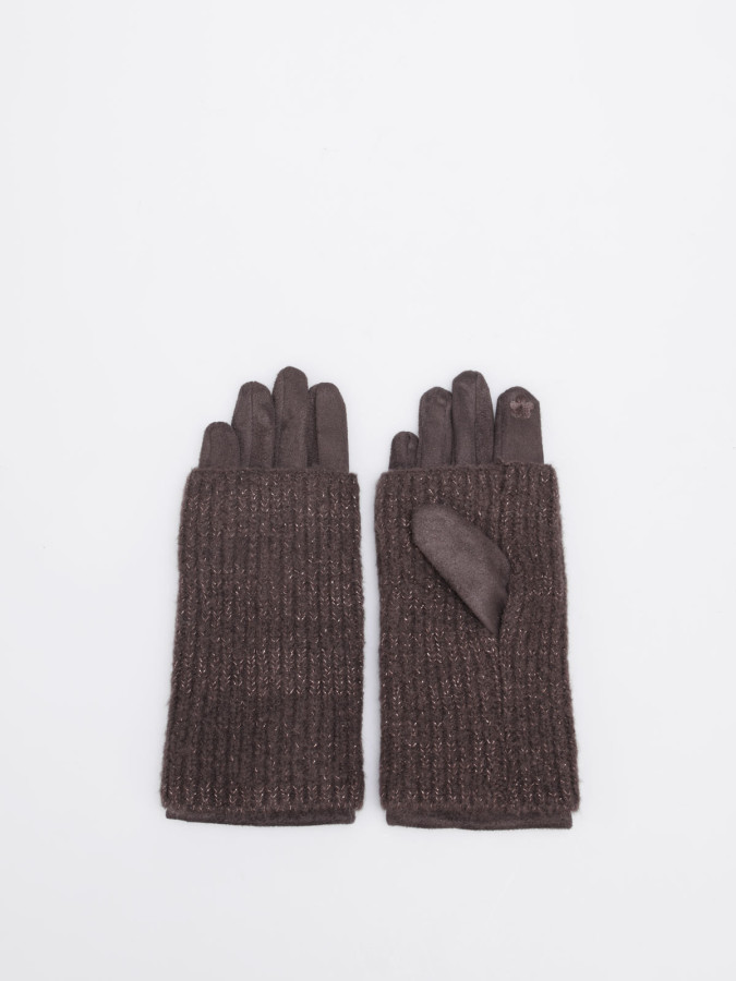 Ensemble gants et mitaines bi-matières marron