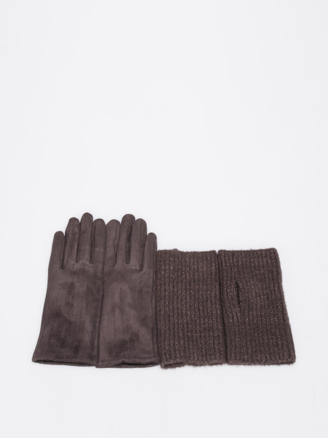 Ensemble gants et mitaines bi-matières marron