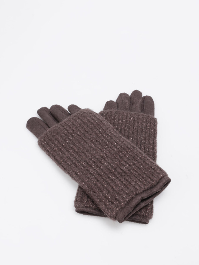 Ensemble gants et mitaines bi-matières marron
