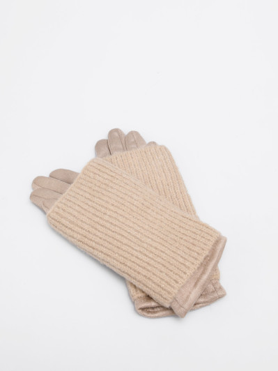 Ensemble gants et mitaines bi-matières beige