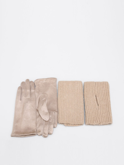 Ensemble gants et mitaines bi-matières beige