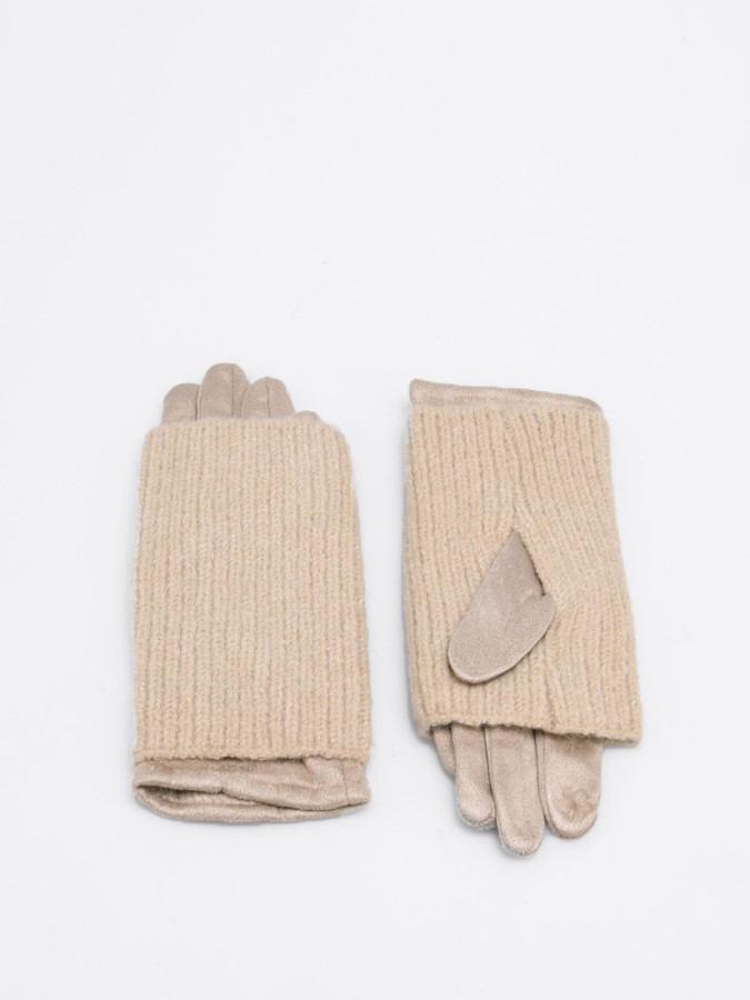 Ensemble gants et mitaines bi-matières beige