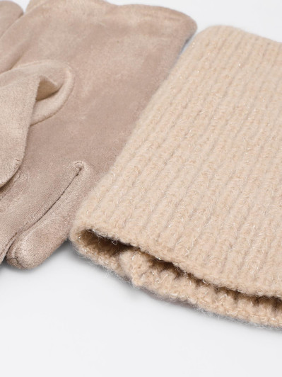 Ensemble gants et mitaines bi-matières beige
