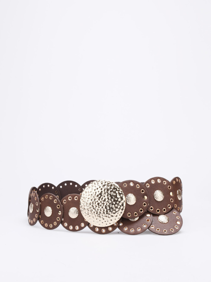Ceinture à disques cloutés marron
