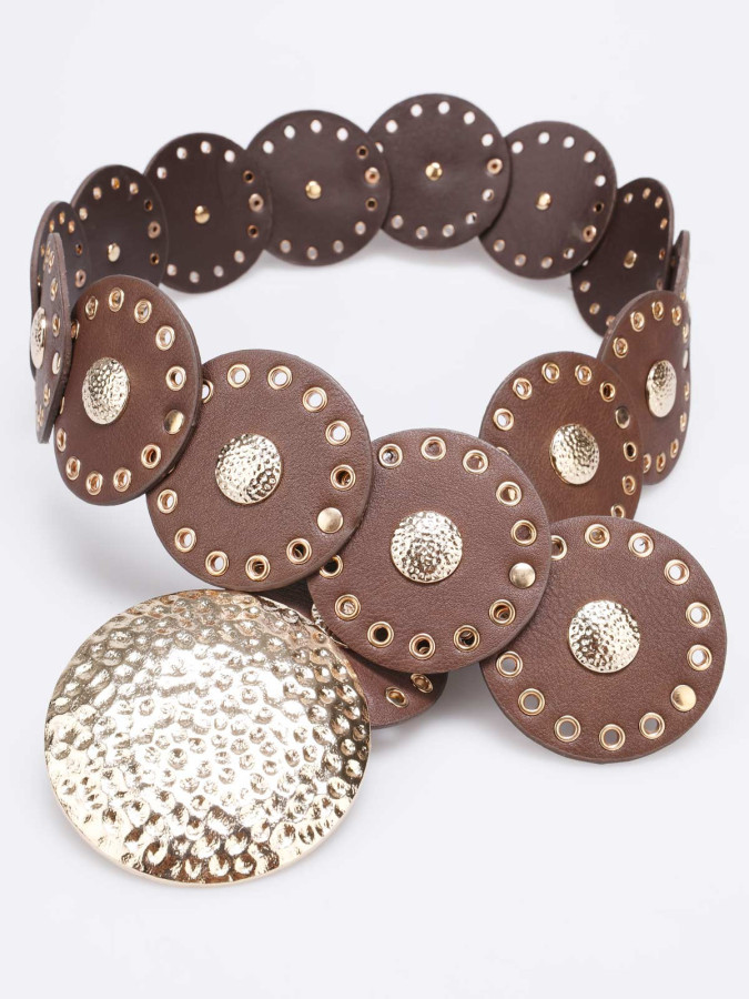 Ceinture à disques cloutés marron