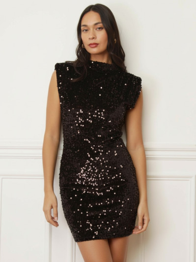 Robe velours marron à sequins et épaulettes