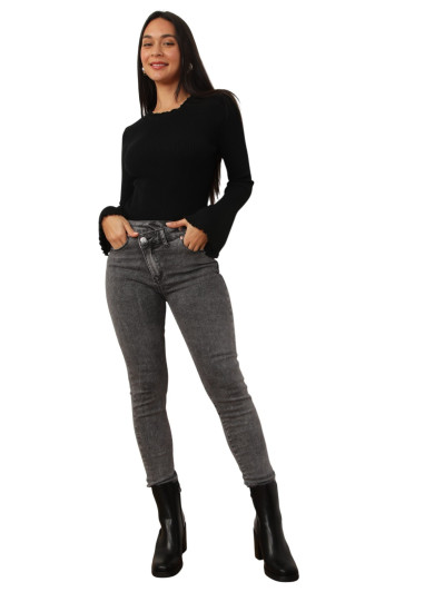 Jeans skinny gris effet push-up à taille asymétrique