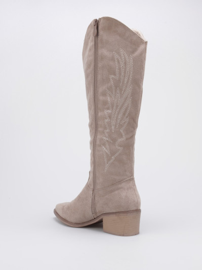 Bottes santiags en suédine taupe à surpiqûres décoratives