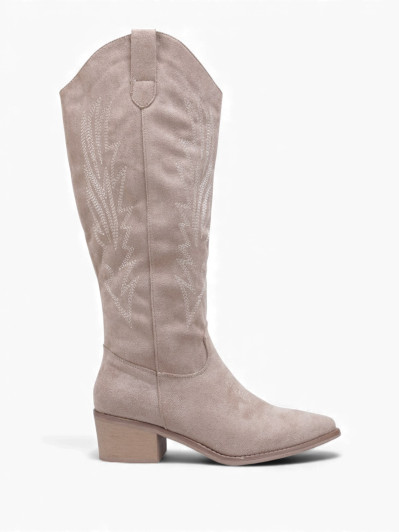 Bottes santiags en suédine taupe à surpiqûres décoratives