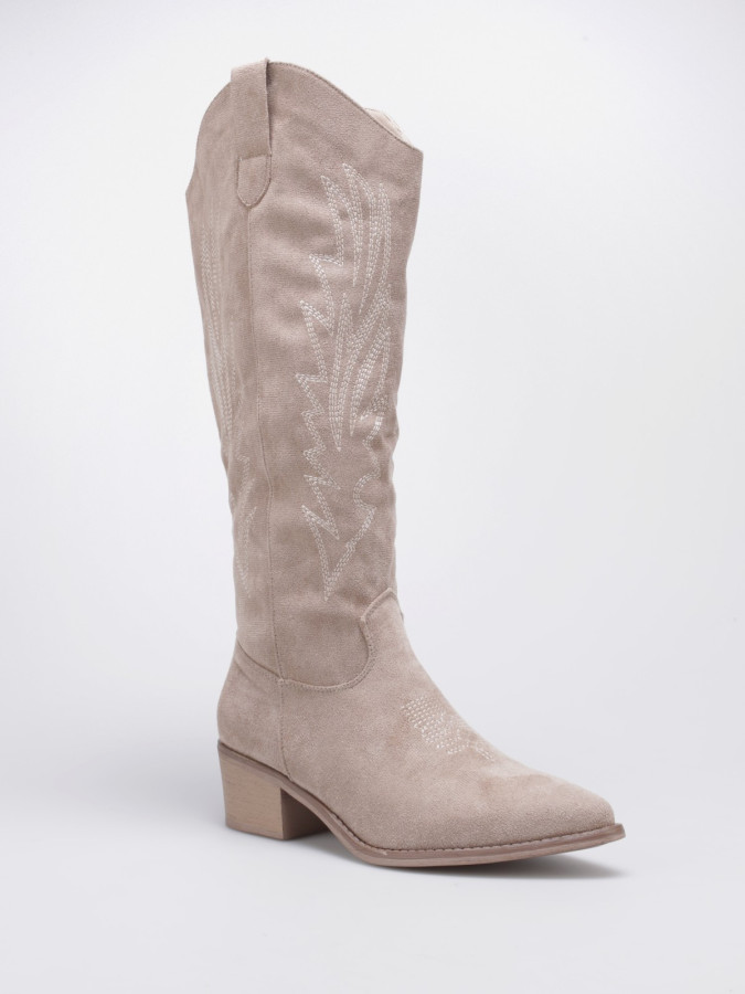 Bottes santiags en suédine taupe à surpiqûres décoratives