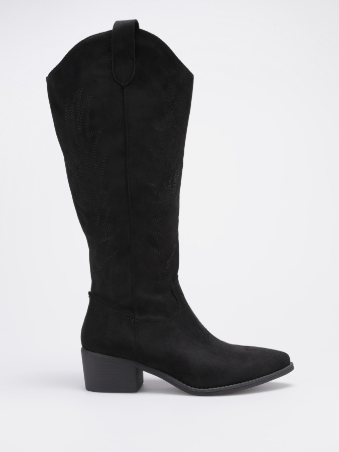 Bottes santiags en suédine noires à surpiqûres décoratives