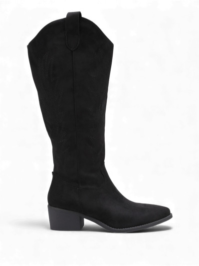 Bottes santiags en suédine noires à surpiqûres décoratives