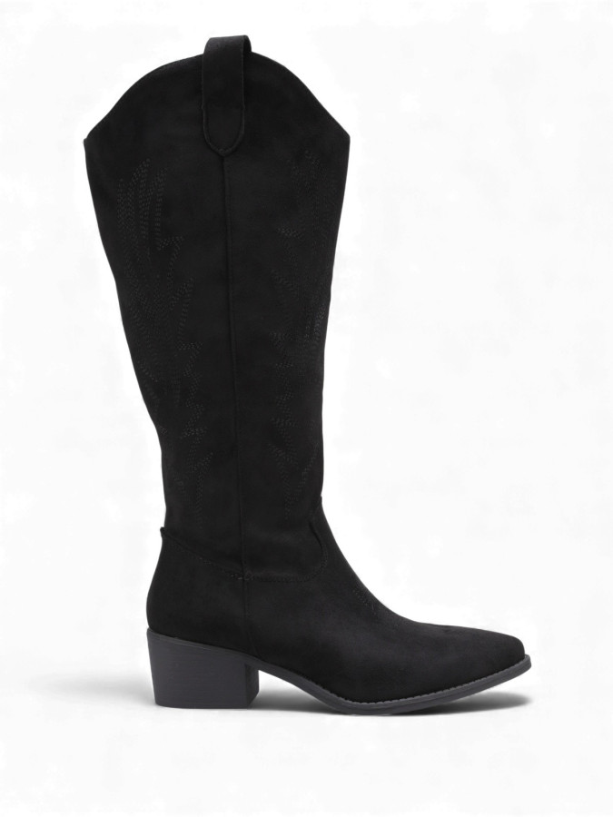 Bottes santiags en suédine noires à surpiqûres décoratives