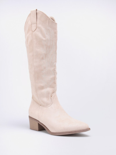 Bottes santiags en suédine beige à surpiqûres décoratives