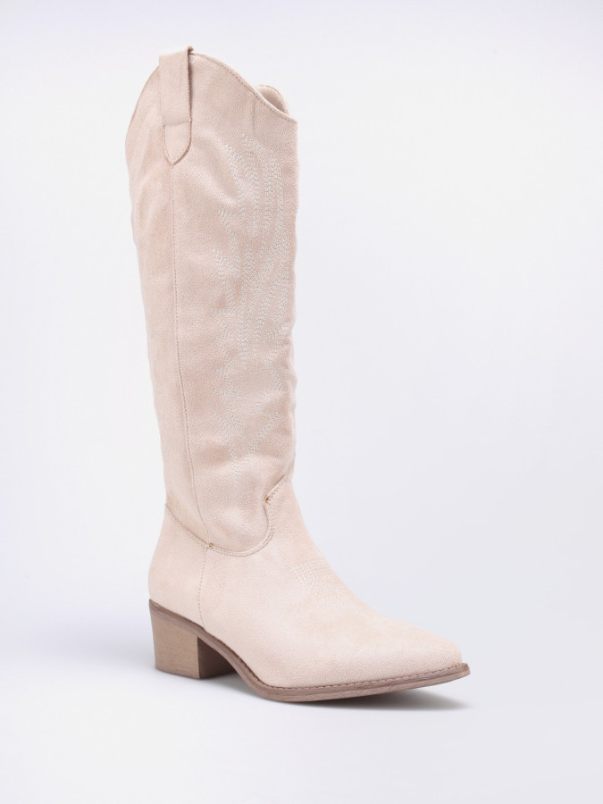 Bottes santiags en suédine beige à surpiqûres décoratives