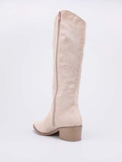 Bottes santiags en suédine beige à surpiqûres décoratives