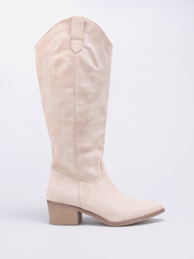 Bottes santiags en suédine beige à surpiqûres décoratives