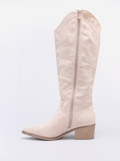 Bottes santiags en suédine beige à surpiqûres décoratives