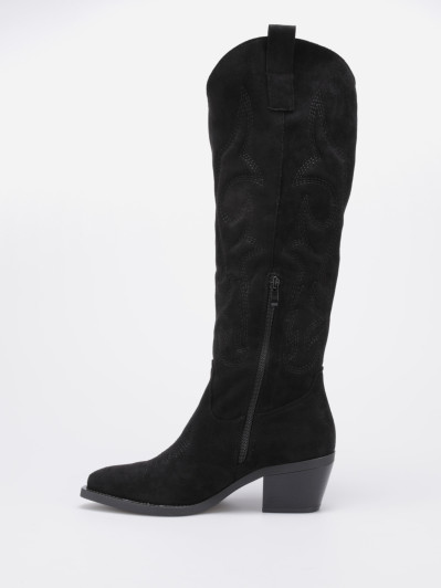 Santiags hautes en suédine noires à surpiqûres décoratives