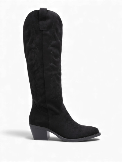 Santiags hautes en suédine noires à surpiqûres décoratives