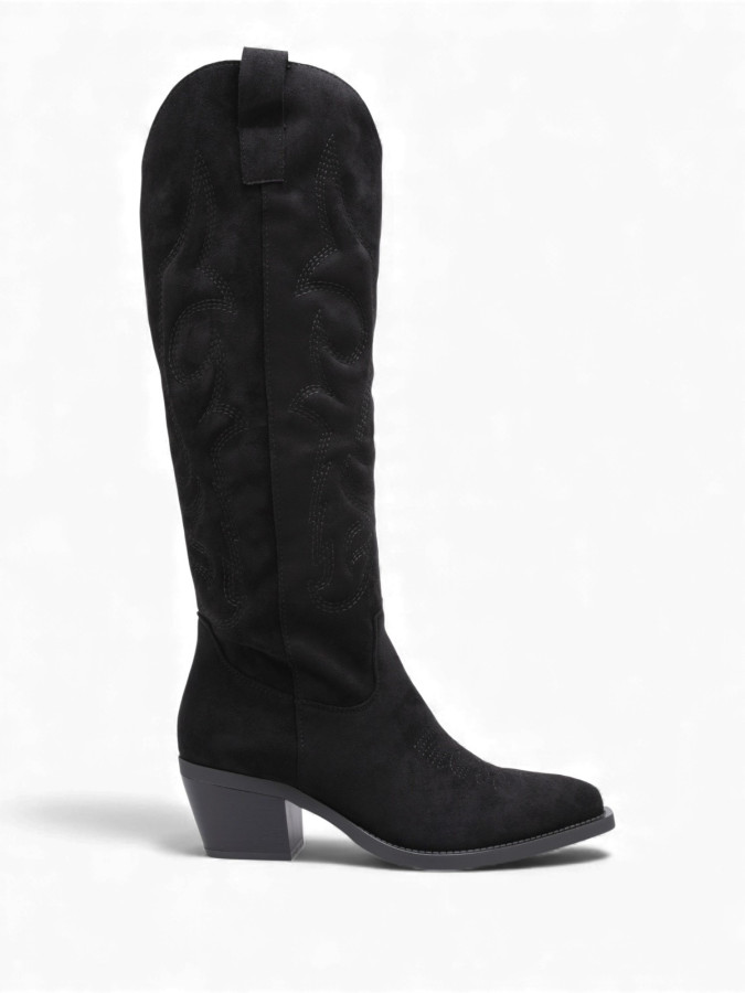 Santiags hautes en suédine noires à surpiqûres décoratives