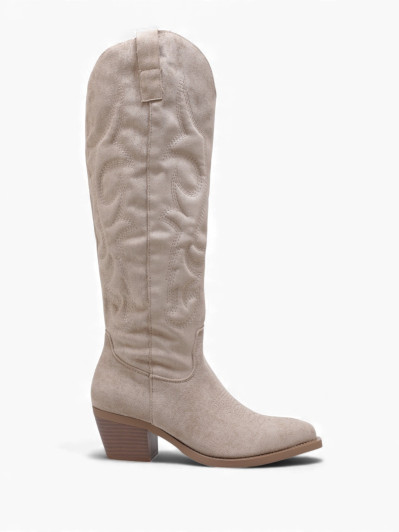 Santiags hautes en suédine taupes à surpiqûres décoratives