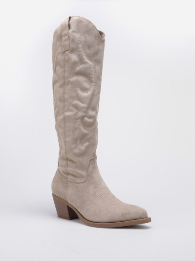 Santiags hautes en suédine taupes à surpiqûres décoratives