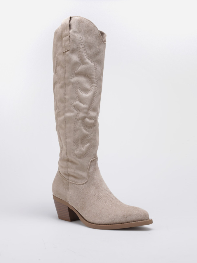 Santiags hautes en suédine taupes à surpiqûres décoratives