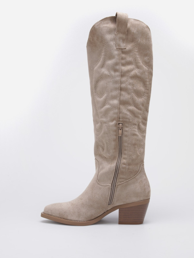 Santiags hautes en suédine taupes à surpiqûres décoratives