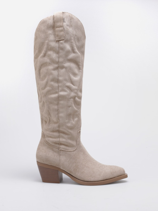 Santiags hautes en suédine taupes à surpiqûres décoratives