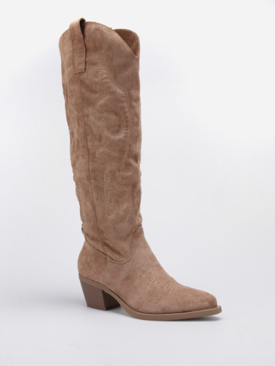 Santiags hautes en suédine camel à surpiqûres décoratives