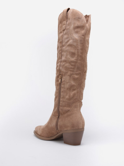 Santiags hautes en suédine camel à surpiqûres décoratives