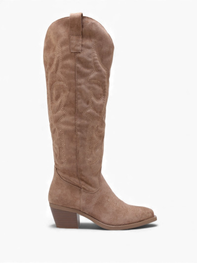 Santiags hautes en suédine camel à surpiqûres décoratives