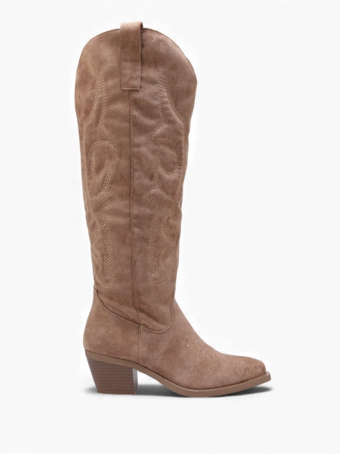 Santiags hautes en suédine camel à surpiqûres décoratives