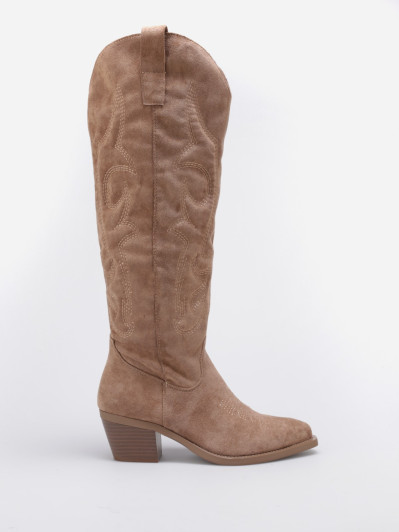 Santiags hautes en suédine camel à surpiqûres décoratives