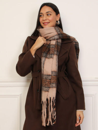 Écharpe duveteuse taupe à carreaux