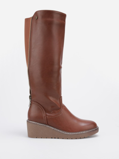 Bottes bi-matières camel à talon compensé