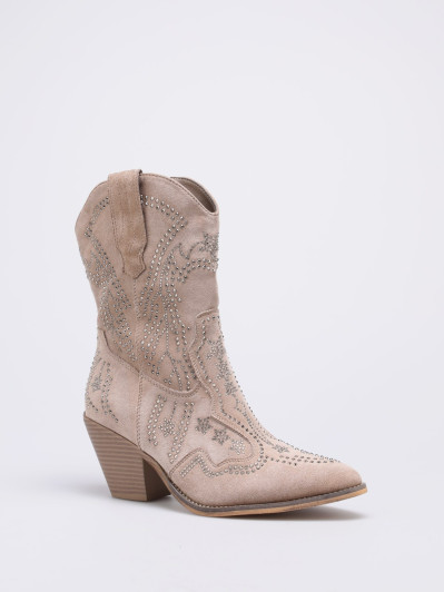 Bottines santiags taupe à strass