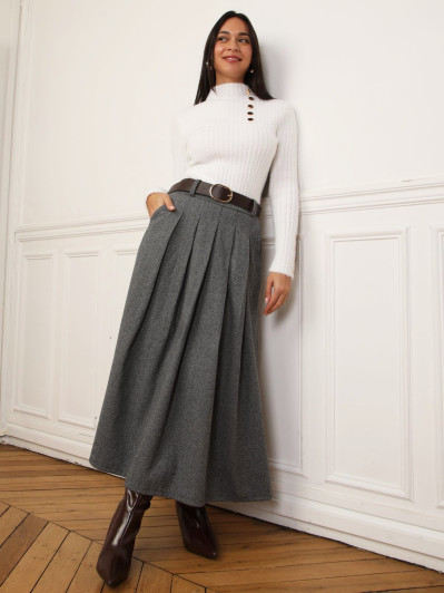 Jupe longue plissée grise avec ceinture
