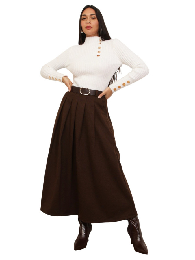 Jupe longue plissée marron avec ceinture