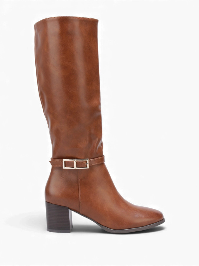 Bottes cavalières camel avec bride à boucle et talon carré