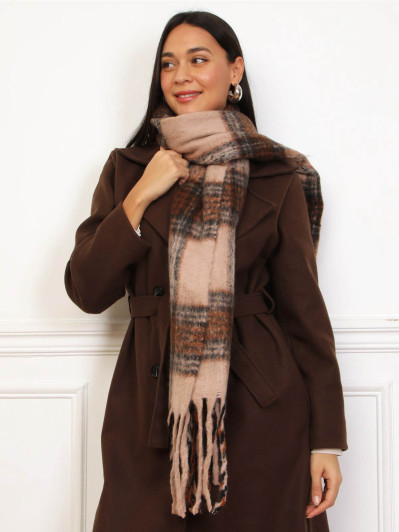 Écharpe duveteuse taupe à carreaux
