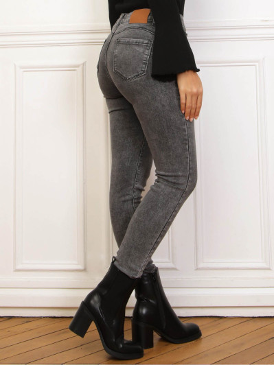 Jeans skinny gris effet push-up à taille asymétrique